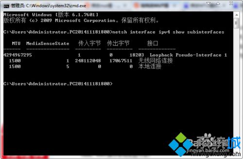 输入“netsh interface ipv4 show subinterfaces”