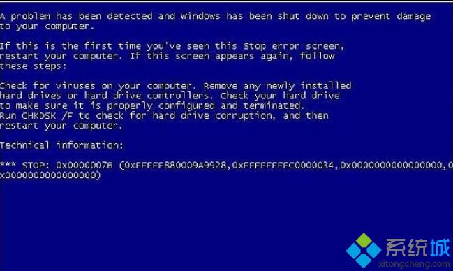 蓝屏画面提示“stop:0X0000007B”
