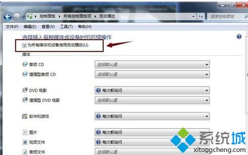勾选“为所以媒体和设备使用自动播放”