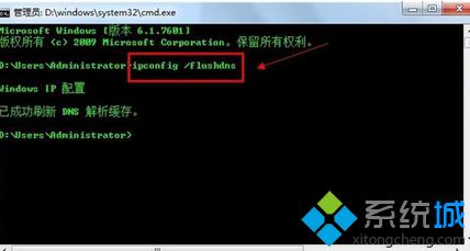 输入“ipconfig /flushdns”命令